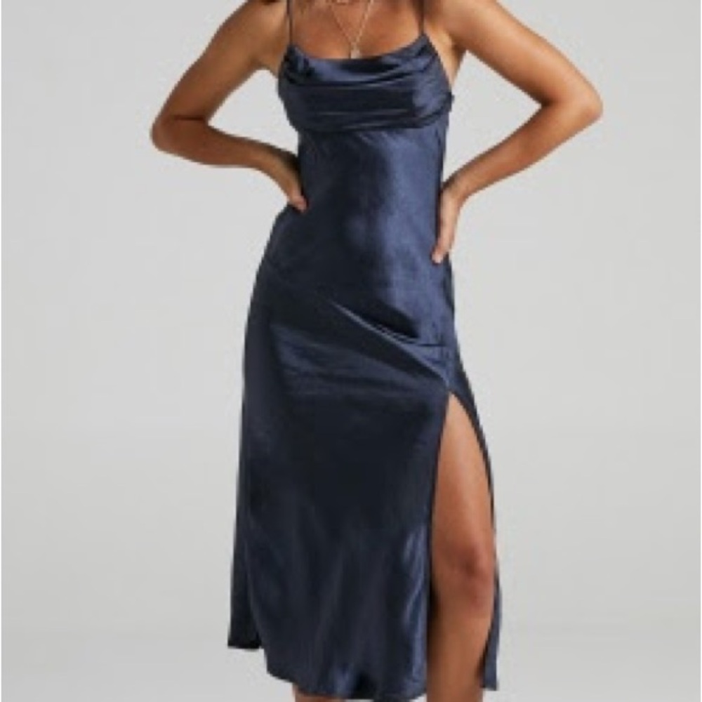 Navy Blue Midi Slip Dress with Cowl Neck and Slit